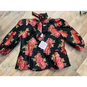 $84 New! MEET ME IN SANTORINI Scarlet Blossom Noir Blouse floral peplum jacquard